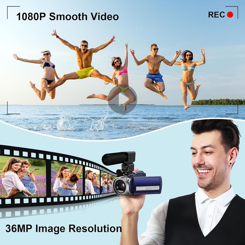 Rawiemy Video Camera Camcorder FHD 1080P 36MP YouTube Vlogging Camera Recorder 3.0 Inch 270 Degree Rotation Screen 18X Digital Zoom Camcorders with Microphone,32GB SD Card and 2 Batteries(Blue) - Image 4